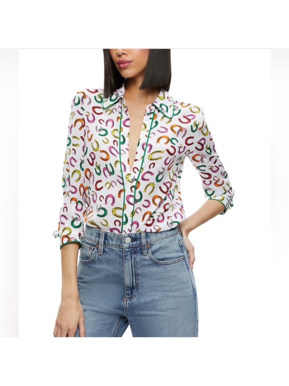 Alice + Olivia White Button-Down Blouse with Multicolor Horseshoe Print